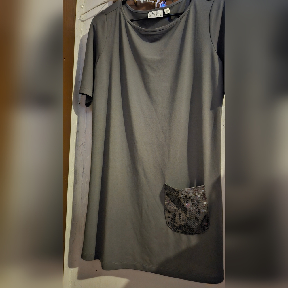 JOAN RIVERS Tunic Small Grey Pocket 3/4 Sleeve Pullover Blouse Top SzM